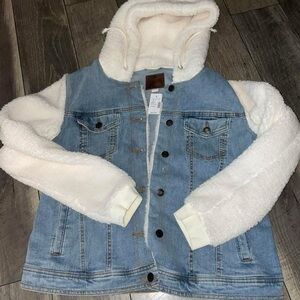Maurices Blue Denim Jacket with White Sherpa Sleeves